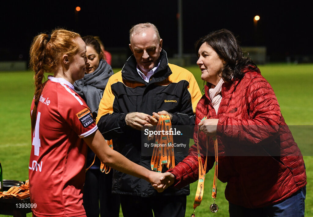 23 September 2017; Frances Smith, FAI Women's Football Committee vice-chairperson, in the company of Tom Dennigan, General Manager, Continental Tyres Ireland, presents a medal to Niamh Prior of Shelbourne Ladies following the Continental Tyres Women's National League Cup Final match between Peamount United and Shelbourne Ladies at Greenogue in Dublin. Photo by Stephen McCarthy/Sportsfile