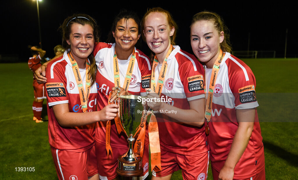 23 September 2017; Shelbourne Ladies players, from left, Sophie Watters, Gloria Douglas, Niamh Prior and Rachel Graham following the Continental Tyres Women's National League Cup Final match between Peamount United and Shelbourne Ladies at Greenogue in Dublin. Photo by Stephen McCarthy/Sportsfile