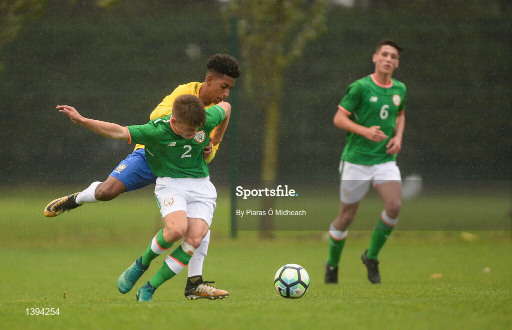 27 September 2017; Séamas Keogh of Ireland in action against Talles Macedo Toledo Costa of Brazil during the International Friendly match between Republic of Ireland and Brazil at the AUL Complex in Dublin. Photo by Piaras Ó Mídheach/Sportsfile