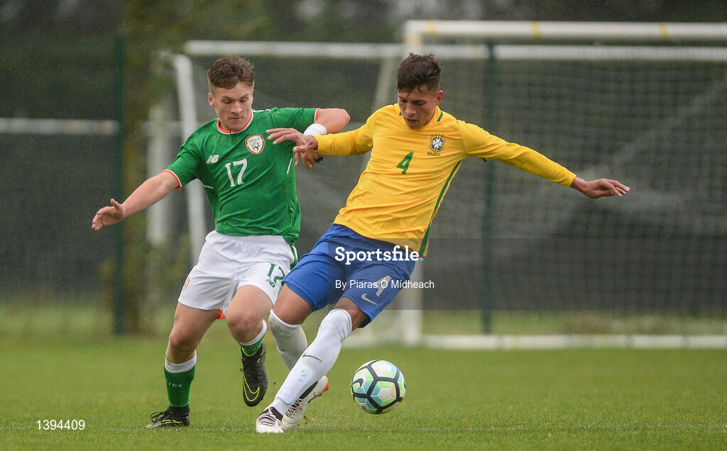 27 September 2017; Renan of Brazil in action against Matt Everitt of Republic of Ireland during the International Friendly match between Republic of Ireland and Brazil at the AUL Complex in Dublin. Photo by Piaras Ó Mídheach/Sportsfile