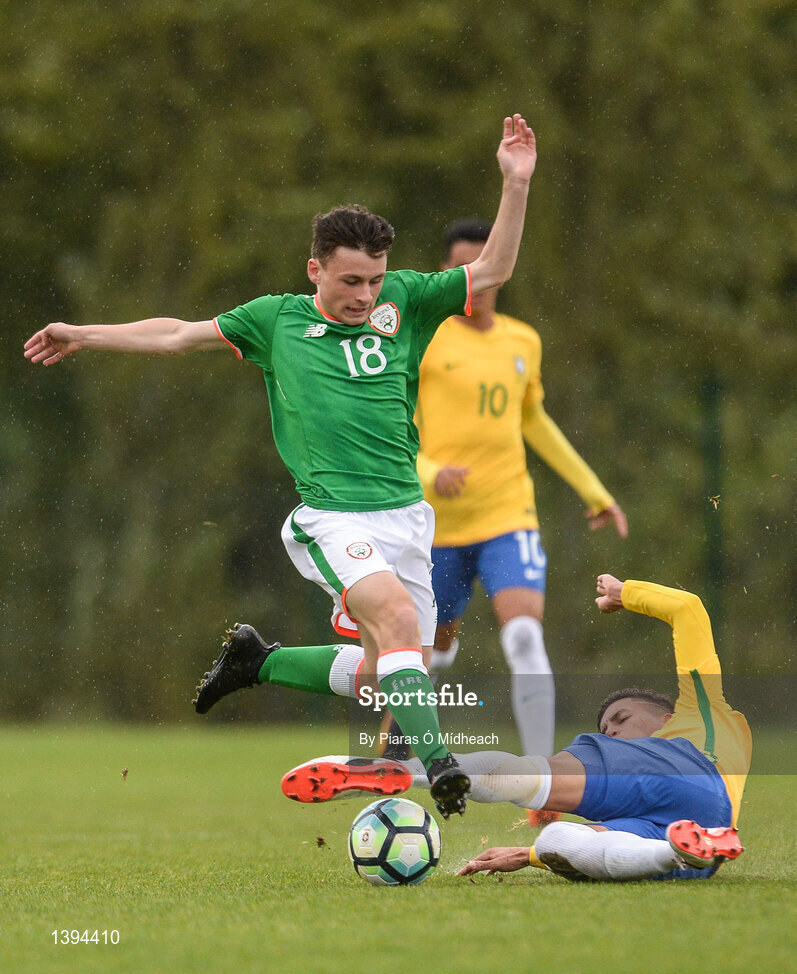 27 September 2017; Paddy Moore of Republic of Ireland in action against Renan of Brazil during the International Friendly match between Republic of Ireland and Brazil at the AUL Complex in Dublin. Photo by Piaras Ó Mídheach/Sportsfile