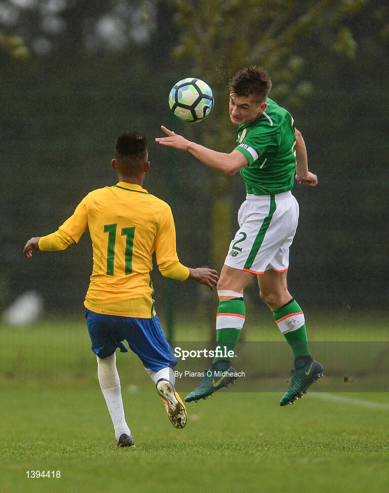 27 September 2017; Séamas Keogh of Republic of Ireland in action against Kaka of Brazil during the International Friendly match between Republic of Ireland and Brazil at the AUL Complex in Dublin. Photo by Piaras Ó Mídheach/Sportsfile