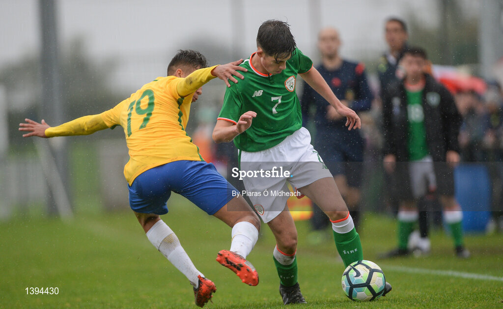 27 September 2017; James Furlong of Republic of Ireland in action against Kaio Jorge of Brazil during the International Friendly match between Republic of Ireland and Brazil at the AUL Complex in Dublin. Photo by Piaras Ó Mídheach/Sportsfile