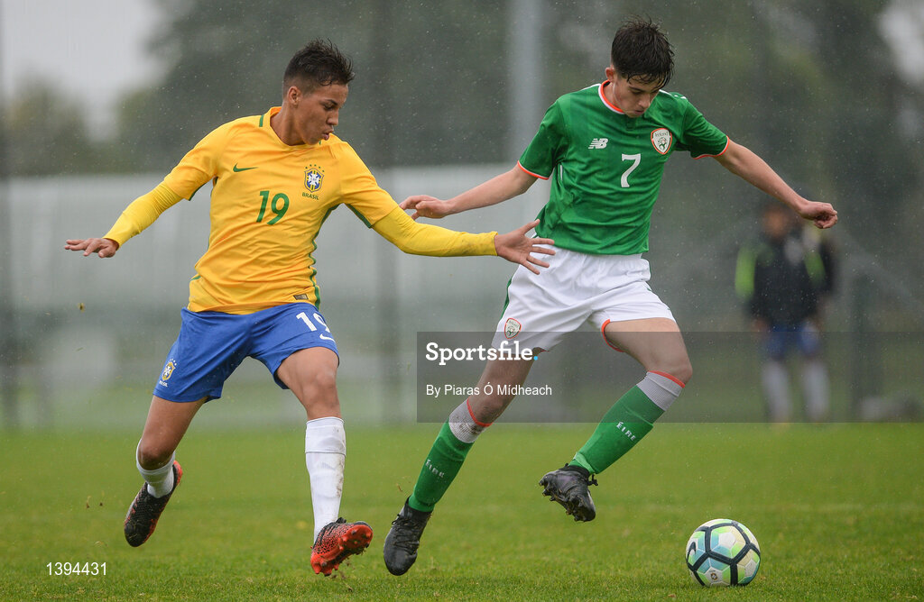 27 September 2017; James Furlong of Republic of Ireland in action against Kaio Jorge of Brazil during the International Friendly match between Republic of Ireland and Brazil at the AUL Complex in Dublin. Photo by Piaras Ó Mídheach/Sportsfile
