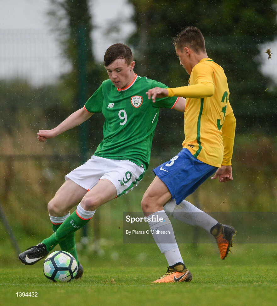 27 September 2017; Conor Carty of Republic of Ireland in action against Gabriel Noga of Brazil during the International Friendly match between Republic of Ireland and Brazil at the AUL Complex in Dublin. Photo by Piaras Ó Mídheach/Sportsfile