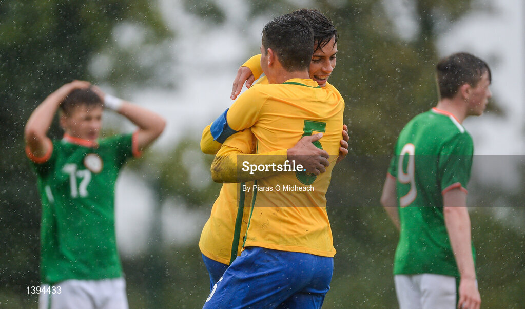 27 September 2017; Brazil's Renan, left, and Fabinho celebrate after the International Friendly match between Republic of Ireland and Brazil at the AUL Complex in Dublin. Photo by Piaras Ó Mídheach/Sportsfile