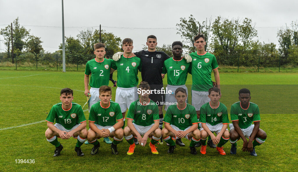 27 September 2017; The Republic of Ireland squad, back row, from left, Séamas Keogh, Cian Kelly, James Corcoran, Festy Ebosele, Conor Power, and front row, from left, Paddy Moore, Matt Everitt, Brandon Holt, Joe Hodge, Kian Leavy, and Oghenetega Agberhiere, before the International Friendly match between Republic of Ireland and Brazil at the AUL Complex in Dublin. Photo by Piaras Ó Mídheach/Sportsfile