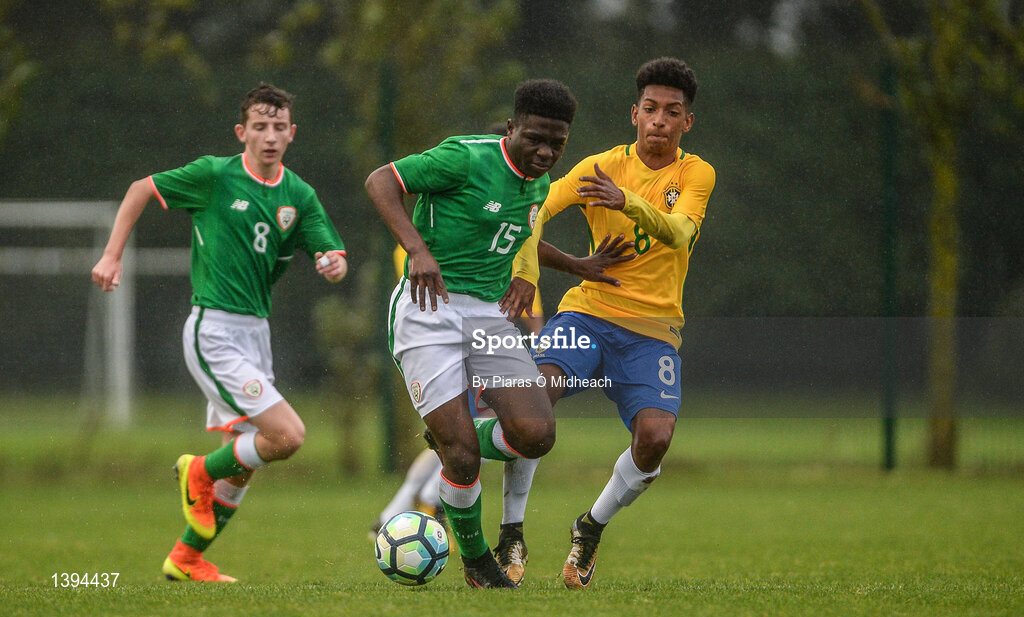 27 September 2017; Festy Ebosele of Republic of Ireland in action against Talles of Brazil during the International Friendly match between Republic of Ireland and Brazil at the AUL Complex in Dublin. Photo by Piaras Ó Mídheach/Sportsfile