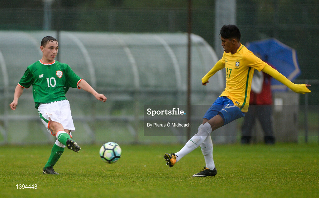 27 September 2017; Joe Hodge of Republic of Ireland in action against Ivonei of Brazil during the International Friendly match between Republic of Ireland and Brazil at the AUL Complex in Dublin. Photo by Piaras Ó Mídheach/Sportsfile