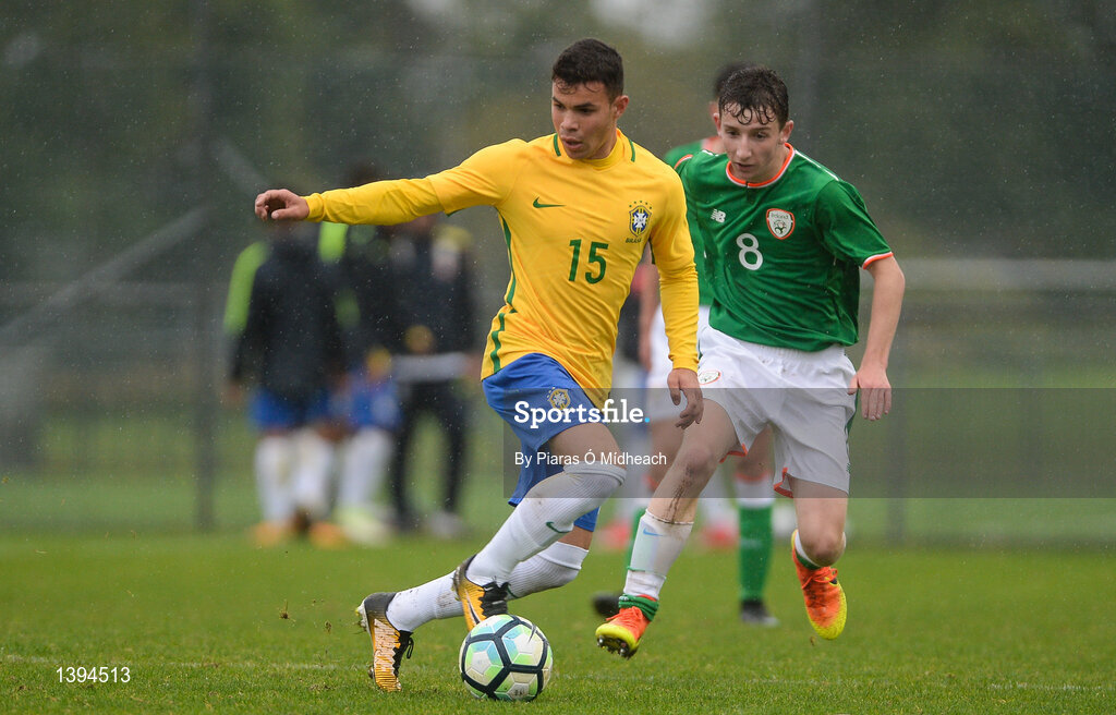 27 September 2017; Daniel of Brazil in action against Brandon Holt of Republic of Ireland during the International Friendly match between Republic of Ireland and Brazil at the AUL Complex in Dublin. Photo by Piaras Ó Mídheach/Sportsfile