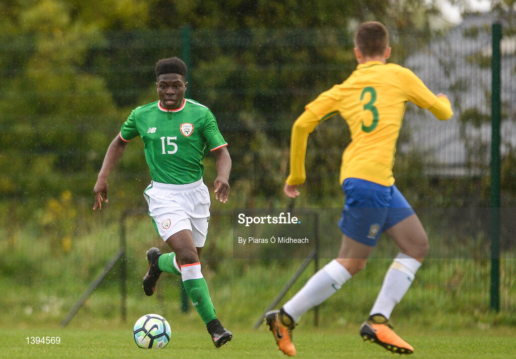27 September 2017; Festy Ebosele of Republic of Ireland in action against Gabriel Noga of Brazil during the International Friendly match between Republic of Ireland and Brazil at the AUL Complex in Dublin. Photo by Piaras Ó Mídheach/Sportsfile