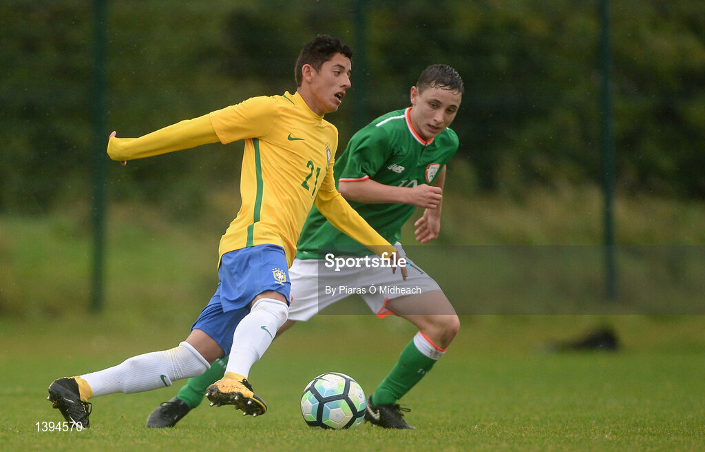 27 September 2017; Pedro Arthur of Brazil in action against Joe Hodge of Republic of Ireland during the International Friendly match between Republic of Ireland and Brazil at the AUL Complex in Dublin. Photo by Piaras Ó Mídheach/Sportsfile