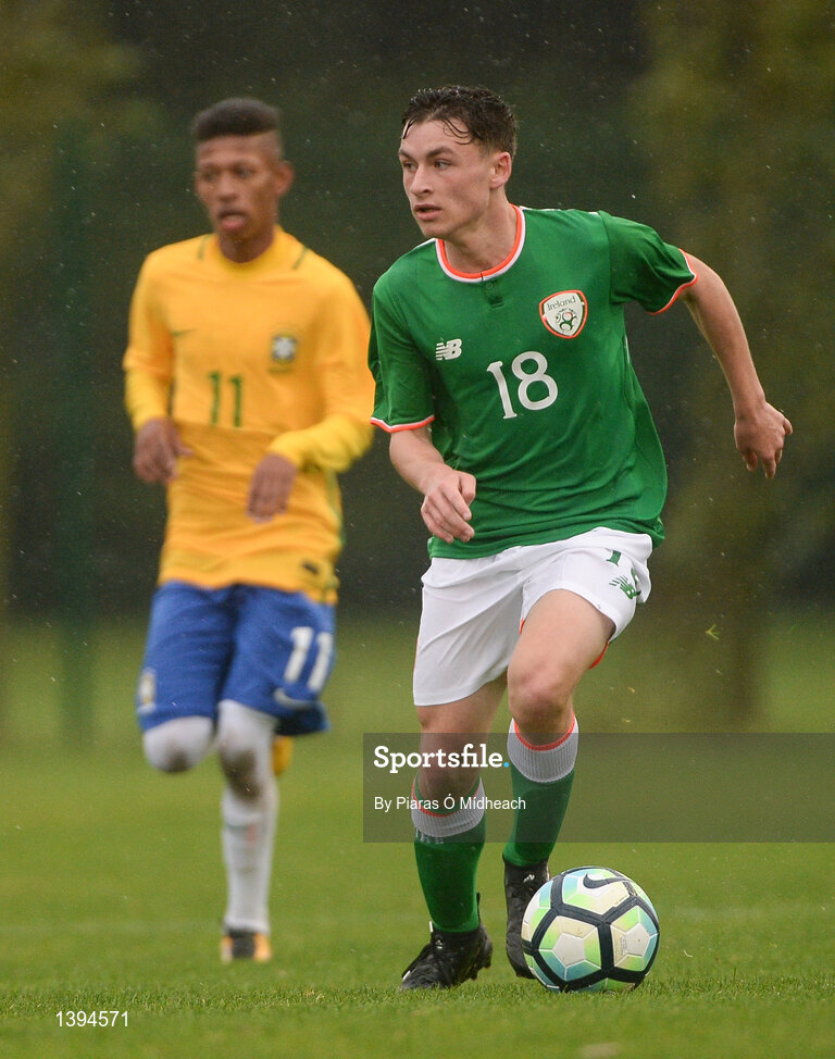 27 September 2017; Paddy Moore of Republic of Ireland gets past Kaka of Brazil during the International Friendly match between Republic of Ireland and Brazil at the AUL Complex in Dublin. Photo by Piaras Ó Mídheach/Sportsfile