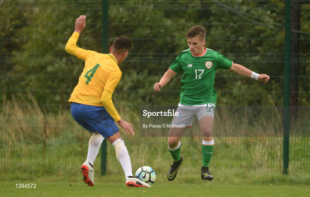 27 September 2017; Matt Everitt of Republic of Ireland in action against Renan of Brazil during the International Friendly match between Republic of Ireland and Brazil at the AUL Complex in Dublin. Photo by Piaras Ó Mídheach/Sportsfile