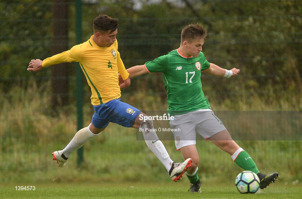27 September 2017; Matt Everitt of Republic of Ireland in action against Renan of Brazil during the International Friendly match between Republic of Ireland and Brazil at the AUL Complex in Dublin. Photo by Piaras Ó Mídheach/Sportsfile