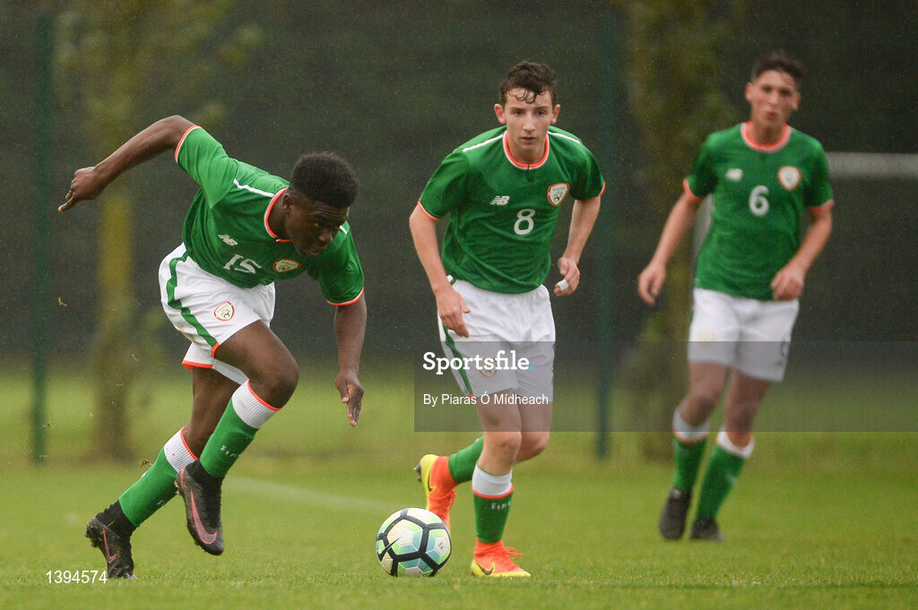 27 September 2017; Festy Ebosele of Republic of Ireland, supported by team-mates Brandon Holt and Conor Power, right, during the International Friendly match between Republic of Ireland and Brazil at the AUL Complex in Dublin. Photo by Piaras Ó Mídheach/Sportsfile