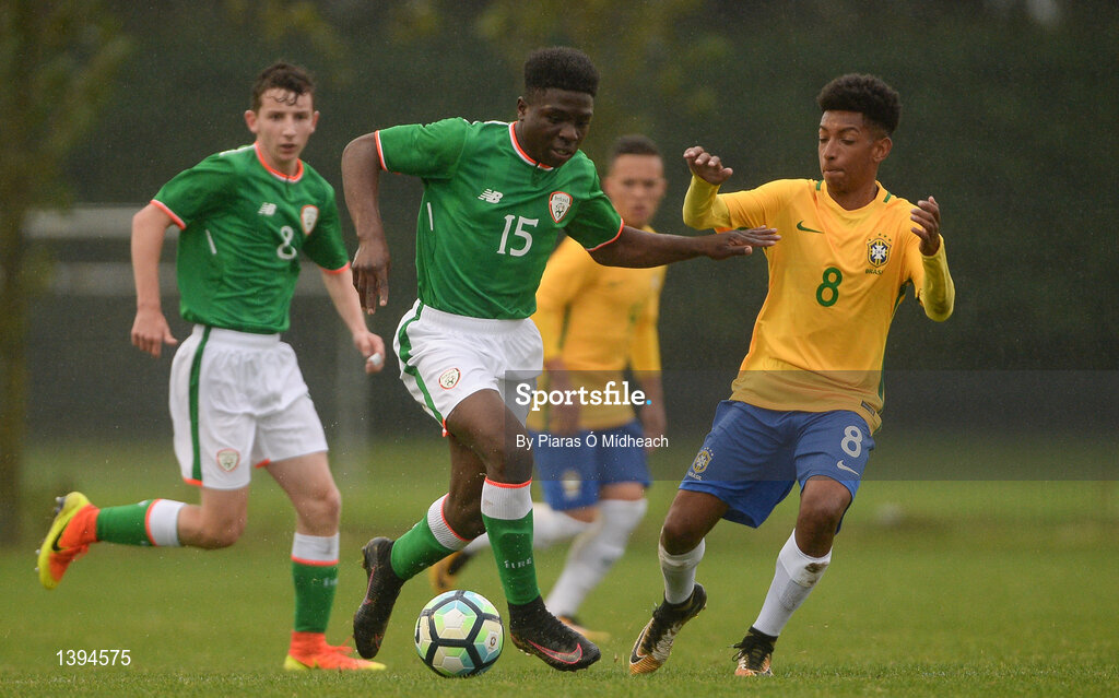 27 September 2017; Festy Ebosele of Republic of Ireland in action against Talles of Brazil during the International Friendly match between Republic of Ireland and Brazil at the AUL Complex in Dublin. Photo by Piaras Ó Mídheach/Sportsfile