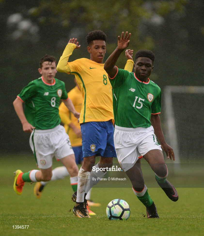 27 September 2017; Festy Ebosele of Republic of Ireland in action against Talles of Brazil during the International Friendly match between Republic of Ireland and Brazil at the AUL Complex in Dublin. Photo by Piaras Ó Mídheach/Sportsfile