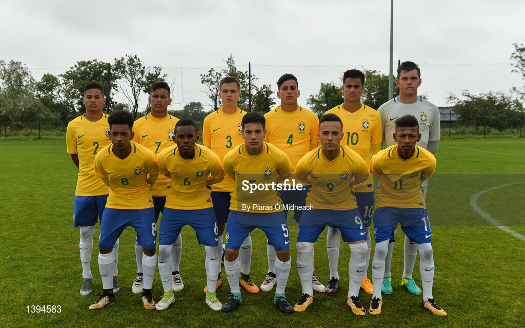 27 September 2017; Brazil players, back row, from left, Cadu, Gabriel Veron, Gabriel Noga, Renan, Reiner, and Cristian, front row, from left, Talles, Eduardo, Fabinho, Joao Peglow and Kaka, before the International Friendly match between Republic of Ireland and Brazil at the AUL Complex in Dublin. Photo by Piaras Ó Mídheach/Sportsfile
