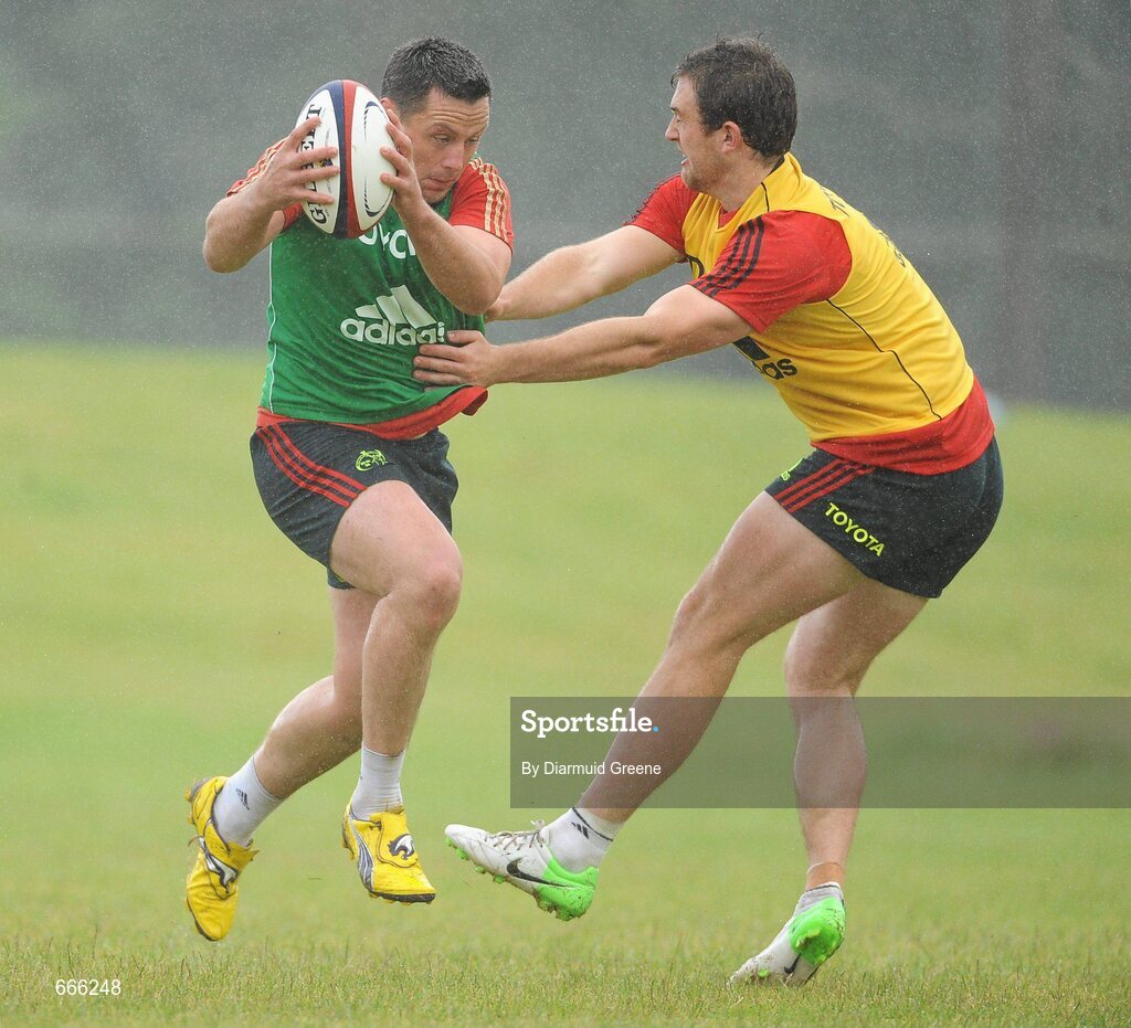 18 July 2012; Munster's James Coughlan is tackled by Brian Hayes during squad training ahead of the 2012/13 season. Munster Rugby Squad Training, Cork Institute of Technology, Bishopstown, Cork. Picture credit: Diarmuid Greene / SPORTSFILE