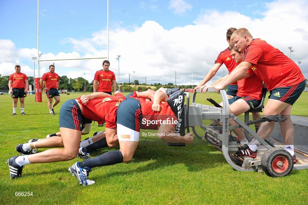 18 July 2012; Munster players practice their scrummaging during squad training ahead of the 2012/13 season. Munster Rugby Squad Training, Cork Institute of Technology, Bishopstown, Cork. Picture credit: Diarmuid Greene / SPORTSFILE