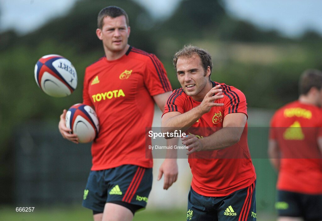 18 July 2012; Munster's Duncan Williams, right, and Denis Hurley in action during squad training ahead of the 2012/13 season. Munster Rugby Squad Training, Cork Institute of Technology, Bishopstown, Cork. Picture credit: Diarmuid Greene / SPORTSFILE