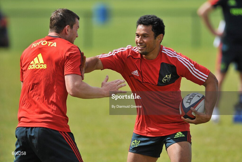 18 July 2012; Munster's Casey Laulala and Denis Hurley, left, in action during squad training ahead of the 2012/13 season. Munster Rugby Squad Training, Cork Institute of Technology, Bishopstown, Cork. Picture credit: Diarmuid Greene / SPORTSFILE