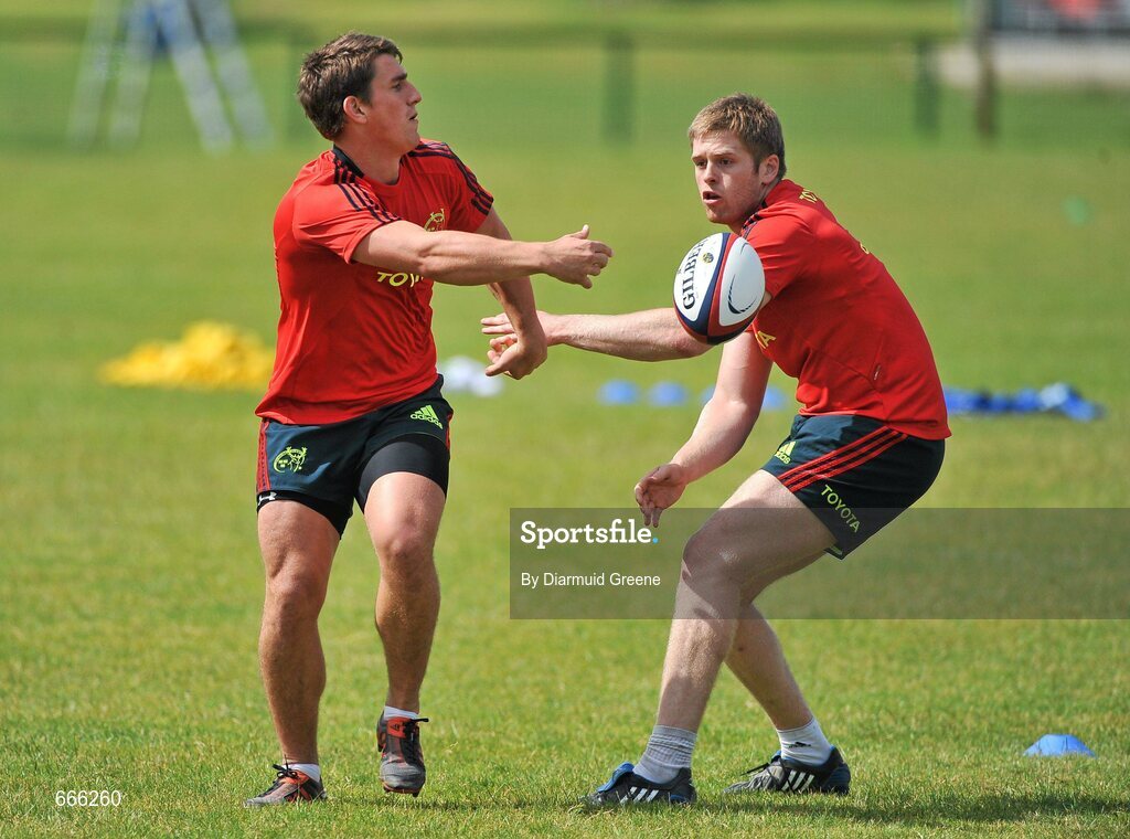 18 July 2012; Munster's Ian Keatley, left, and Ivan Dineen in action during squad training ahead of the 2012/13 season. Munster Rugby Squad Training, Cork Institute of Technology, Bishopstown, Cork. Picture credit: Diarmuid Greene / SPORTSFILE