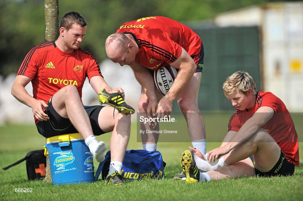 18 July 2012; Munster's Denis Hurley, left, Paul O'Connell, centre, and Danny Barnes prepare for squad training ahead of the 2012/13 season. Munster Rugby Squad Training, Cork Institute of Technology, Bishopstown, Cork. Picture credit: Diarmuid Greene / SPORTSFILE