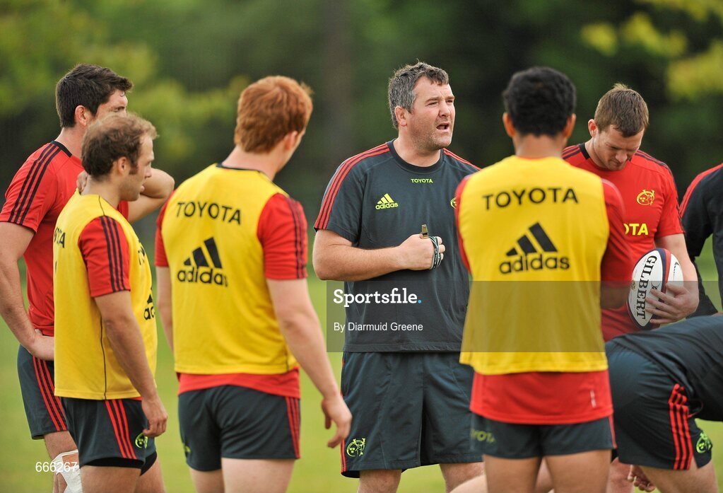 18 July 2012; Munster forwards coach Anthony Foley speaks to his players during squad training ahead of the 2012/13 season. Munster Rugby Squad Training, Cork Institute of Technology, Bishopstown, Cork. Picture credit: Diarmuid Greene / SPORTSFILE