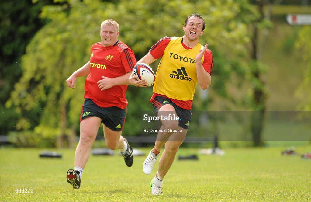 18 July 2012; Munster's Brian Hayes gets away from John Ryan during squad training ahead of the 2012/13 season. Munster Rugby Squad Training, Cork Institute of Technology, Bishopstown, Cork. Picture credit: Diarmuid Greene / SPORTSFILE