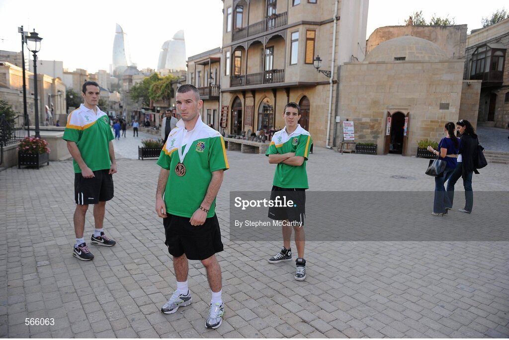 8 October 2011; John Joe Nevin, Cavan B.C., representing Ireland, with his 2011 AIBA World Boxing Championships 56kg bronze medal, and fellow London 2012 Olympic Games qualifiers Darren O'Neill, Paulstown B.C., Kilkenny, 75kg, left, and Michael Conlan, St. John Bosco B.C., Belfast, Antrim, 52kg, right. 2011 AIBA World Boxing Championships. Old City, Baku, Azerbaijan. Picture credit: Stephen McCarthy / SPORTSFILE