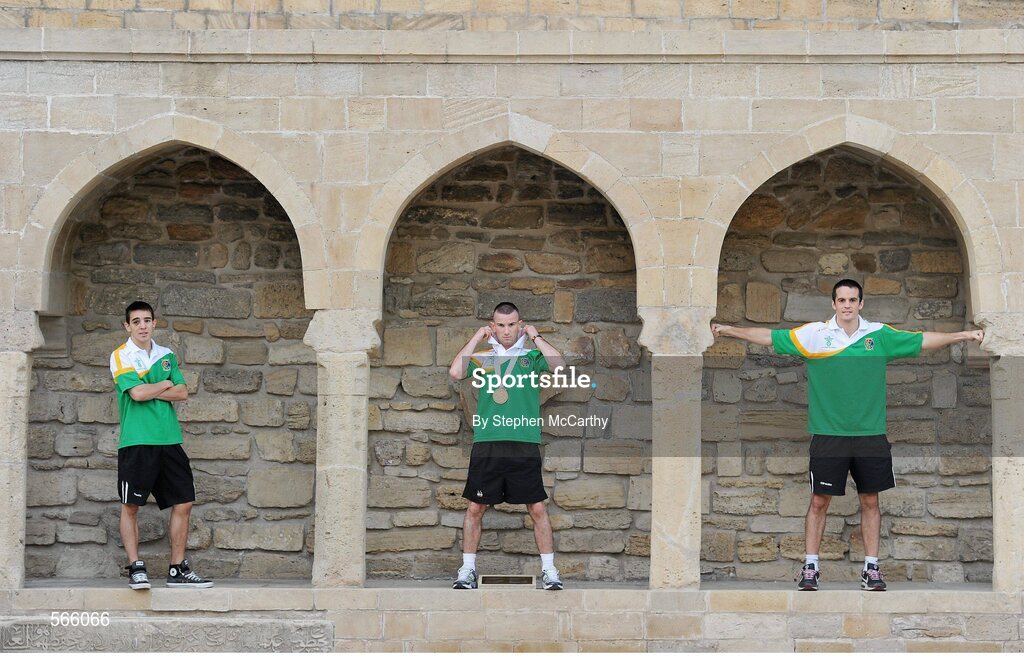 8 October 2011; John Joe Nevin, Cavan B.C., representing Ireland, with his 2011 AIBA World Boxing Championships 56kg bronze medal, and fellow London 2012 Olympic Games qualifiers Darren O'Neill, Paulstown B.C., Kilkenny, 75kg, right, and Michael Conlan, St. John Bosco B.C., Belfast, Antrim, 52kg, left. 2011 AIBA World Boxing Championships. Old City, Baku, Azerbaijan. Picture credit: Stephen McCarthy / SPORTSFILE