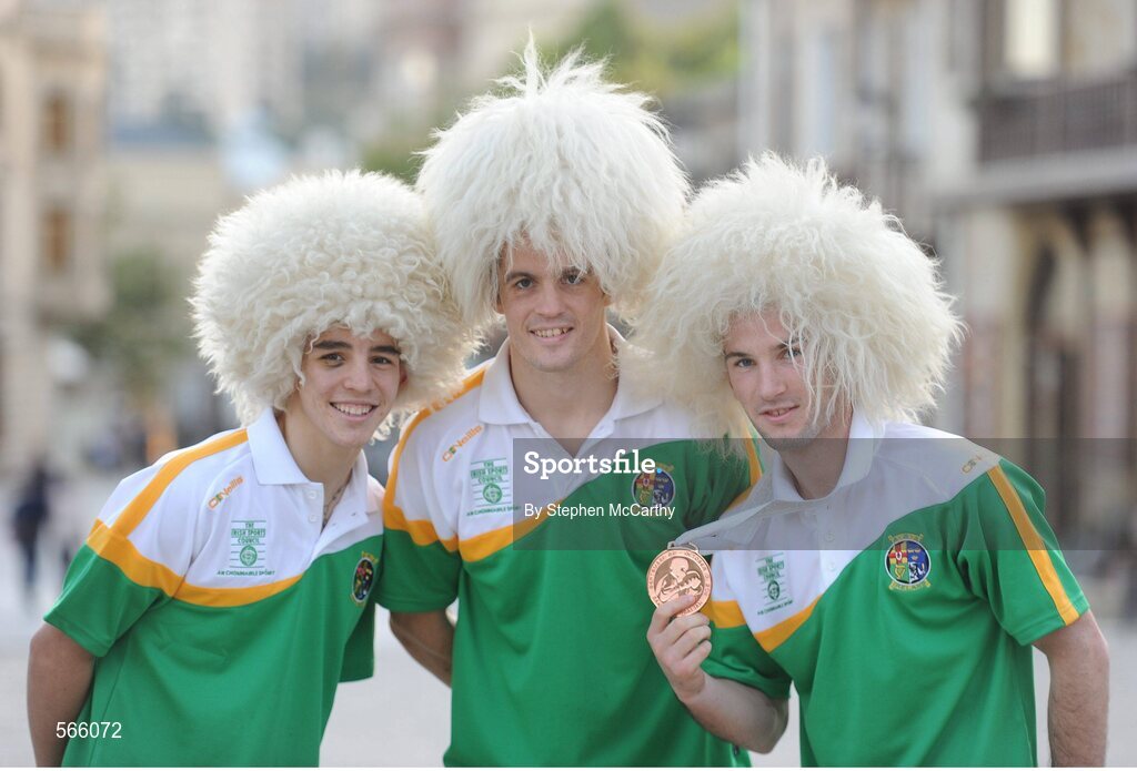 8 October 2011; John Joe Nevin, Cavan B.C., representing Ireland, with his 2011 AIBA World Boxing Championships 56kg bronze medal and fellow London 2012 Olympic Games qualifiers Darren O'Neill, Paulstown B.C., Kilkenny, 75kg, centre, and Michael Conlan, St. John Bosco B.C., Belfast, Antrim, 52kg, left, try on some traditional Choban hats. 2011 AIBA World Boxing Championships. Old City, Baku, Azerbaijan. Picture credit: Stephen McCarthy / SPORTSFILE