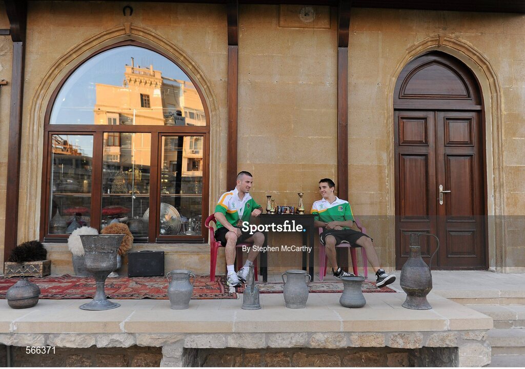 8 October 2011; John Joe Nevin, Cavan B.C., representing Ireland, with his 2011 AIBA World Boxing Championships 56kg bronze medal, and fellow London 2012 Olympic Games qualifier Michael Conlan, St. John Bosco B.C., Belfast, Antrim, 52kg, right. 2011 AIBA World Boxing Championships. Old City, Baku, Azerbaijan. Picture credit: Stephen McCarthy / SPORTSFILE