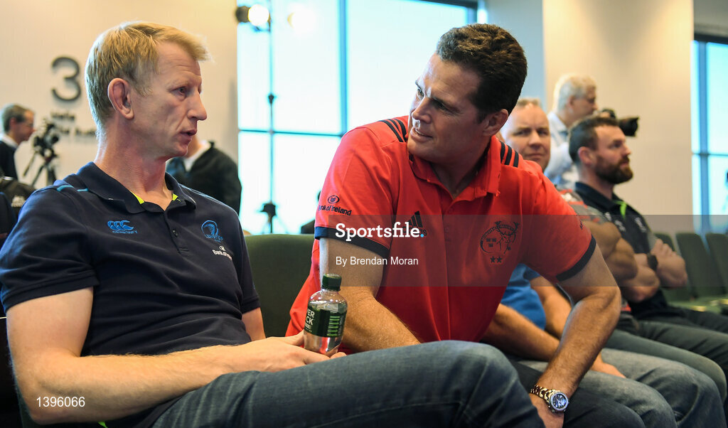 2 October 2017; Leinster head coach Leo Cullen, left, and Munster Director of Rugby Rassie Erasmus in attendance at the European Rugby Champions Cup and Challenge Cup 2017/18 season launch for PRO14 clubs at the Convention Centre in Dublin. Photo by Brendan Moran/Sportsfile
