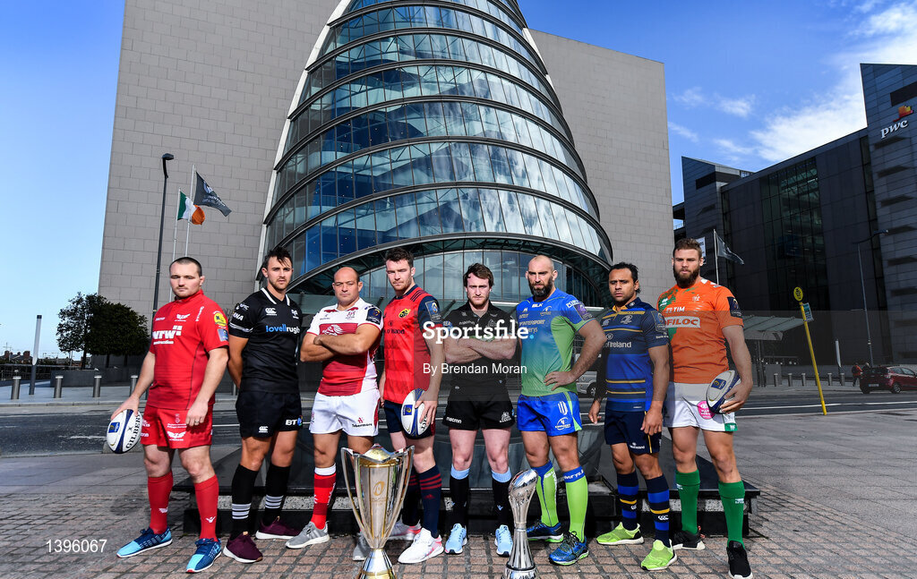 2 October 2017; In attendance at the European Rugby Champions Cup and Challenge Cup 2017/18 season launch for PRO14 clubs at the Convention Centre in Dublin, from left, Ken Owens of Scarlets, Ashley Back of Ospreys, Rory Best of Ulster, Peter O'Mahony of Munster, Stuart Hogg of Glasgow Warriors, John Muldoon of Connacht, Isa Nacewa of Leinster and Dean Budd of Benetton Rugby. Photo by Brendan Moran/Sportsfile