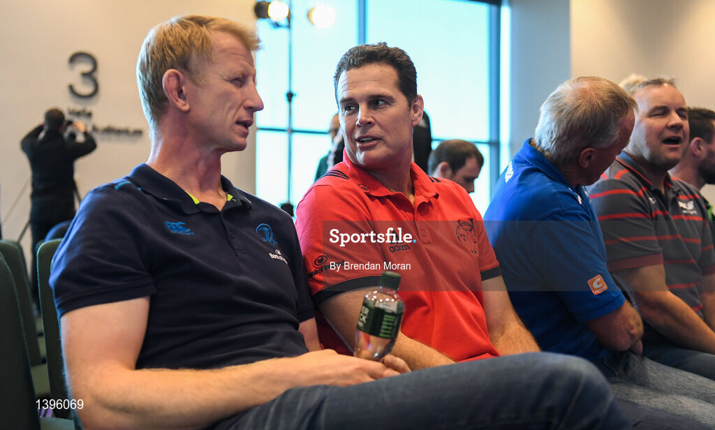 2 October 2017; Leinster head coach Leo Cullen, left, and Munster Director of Rugby Rassie Erasmus in attendance at the European Rugby Champions Cup and Challenge Cup 2017/18 season launch for PRO14 clubs at the Convention Centre in Dublin. Photo by Brendan Moran/Sportsfile