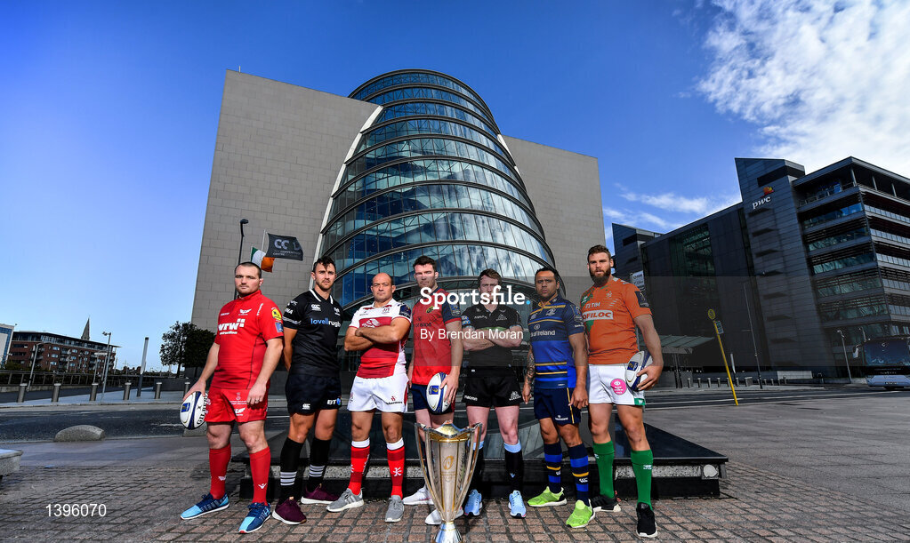 2 October 2017; In attendance at the European Rugby Champions Cup and Challenge Cup 2017/18 season launch for PRO14 clubs at the Convention Centre in Dublin, from left, Ken Owens of Scarlets, Ashley Back of Ospreys, Rory Best of Ulster, Peter O'Mahony of Munster, Stuart Hogg of Glasgow Warriors, Isa Nacewa of Leinster and Dean Budd of Benetton Rugby. Photo by Brendan Moran/Sportsfile