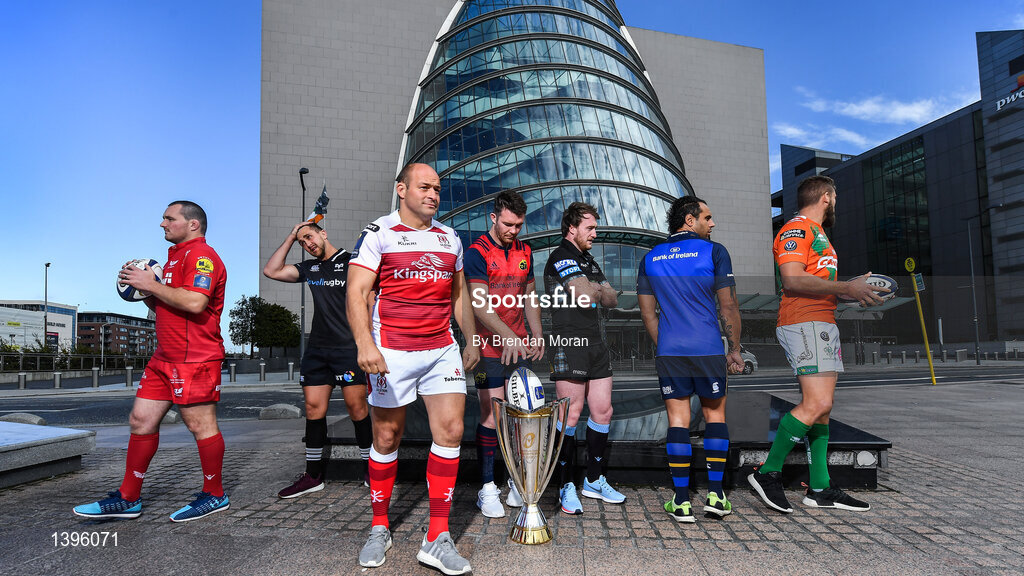2 October 2017; In attendance at the European Rugby Champions Cup and Challenge Cup 2017/18 season launch for PRO14 clubs at the Convention Centre in Dublin, from left, Ken Owens of Scarlets, Ashley Back of Ospreys, Rory Best of Ulster, Peter O'Mahony of Munster, Stuart Hogg of Glasgow Warriors, Isa Nacewa of Leinster and Dean Budd of Benetton Rugby. Photo by Brendan Moran/Sportsfile