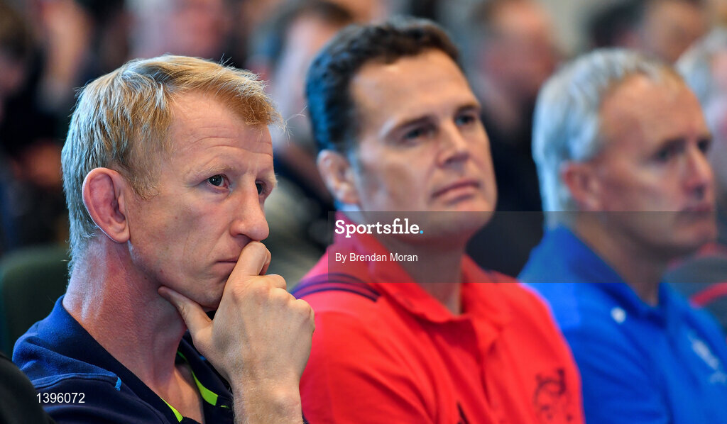2 October 2017; Leinster head coach Leo Cullen, left, and Munster Director of Rugby Rassie Erasmus in attendance at the European Rugby Champions Cup and Challenge Cup 2017/18 season launch for PRO14 clubs at the Convention Centre in Dublin. Photo by Brendan Moran/Sportsfile