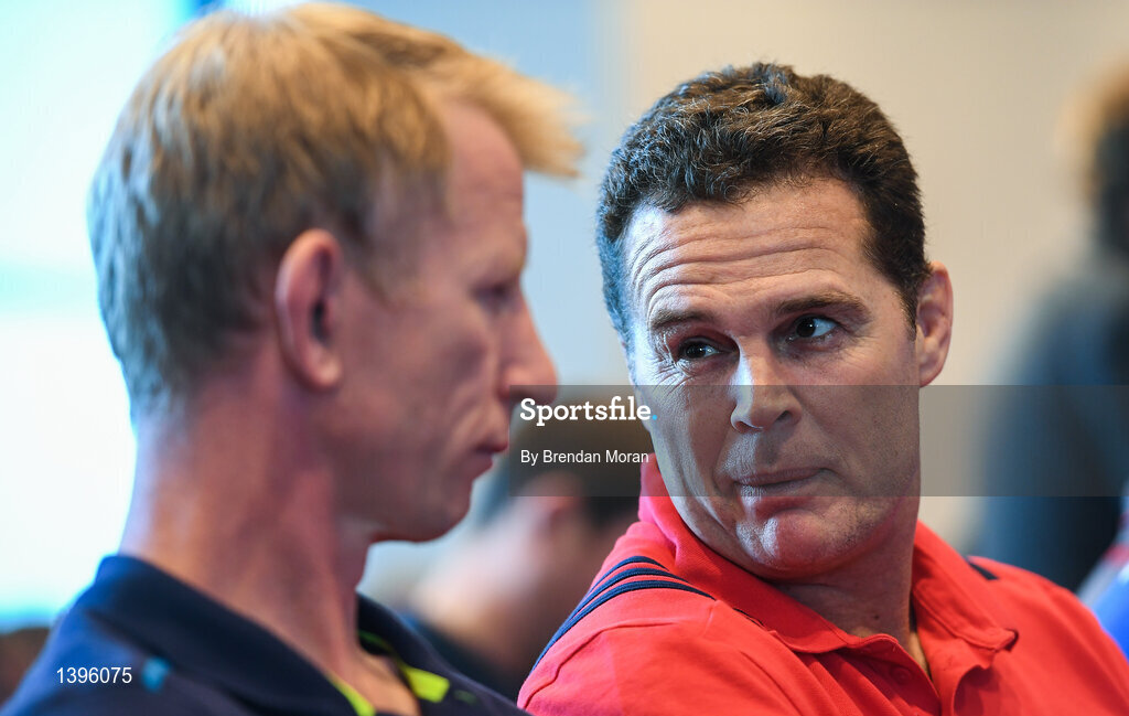 2 October 2017; Munster Director of Rugby Rassie Erasmus in conversation with Leinster head coach Leo Cullen at the European Rugby Champions Cup and Challenge Cup 2017/18 season launch for PRO14 clubs at the Convention Centre in Dublin. Photo by Brendan Moran/Sportsfile