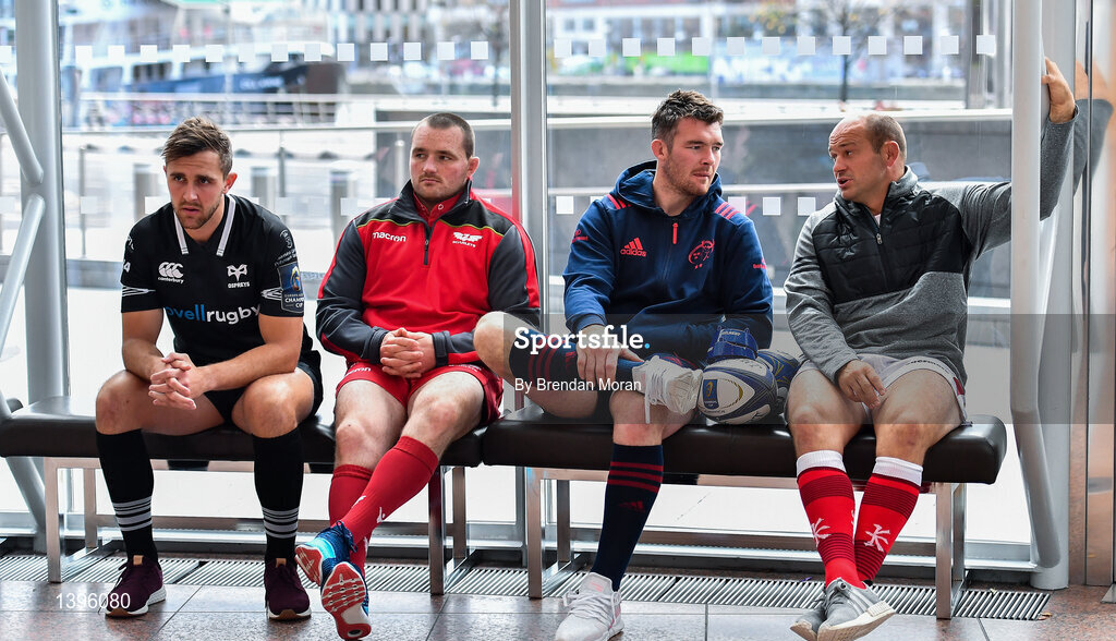 2 October 2017; In attendance at the European Rugby Champions Cup and Challenge Cup 2017/18 season launch for PRO14 clubs at the Convention Centre in Dublin, from left, Ashley Back of Ospreys, Ken Owens of Scarlets, Peter O'Mahony of Munster and Rory Best of Ulster. Photo by Brendan Moran/Sportsfile
