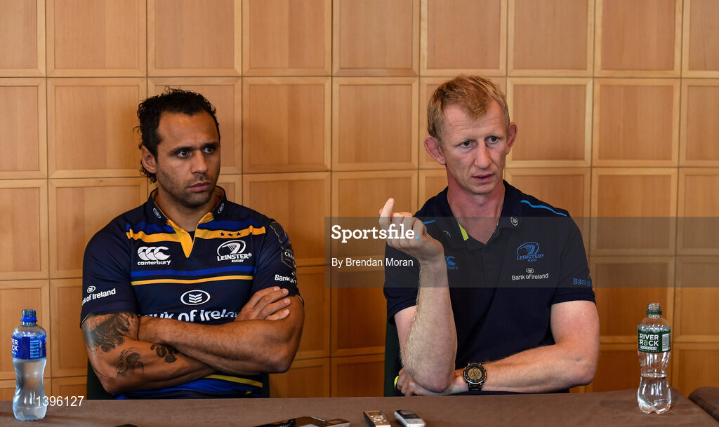 2 October 2017; Leinster captain Isa Nacewa, left, and head coach Leo Cullen in attendance at the European Rugby Champions Cup and Challenge Cup 2017/18 season launch for PRO14 clubs at the Convention Centre in Dublin. Photo by Brendan Moran/Sportsfile