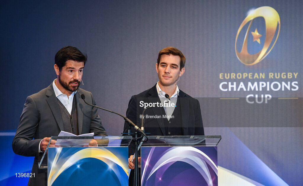 2 October 2017; Event MC's Craig Doyle, left, and Alex Payne during the European Rugby Champions Cup and Challenge Cup 2017/18 season launch for PRO14 clubs at the Convention Centre in Dublin. Photo by Brendan Moran/Sportsfile