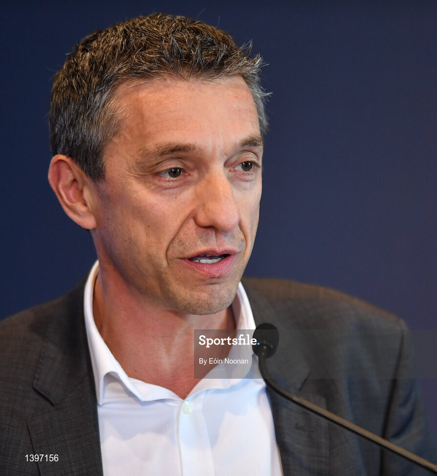 2 October 2017; EPCR Director General Vincent Gaillard speaking at the European Rugby Champions Cup and Challenge Cup 2017/18 season launch for PRO14 clubs at the Convention Centre in Dublin. Photo by Eóin Noonan/Sportsfile
