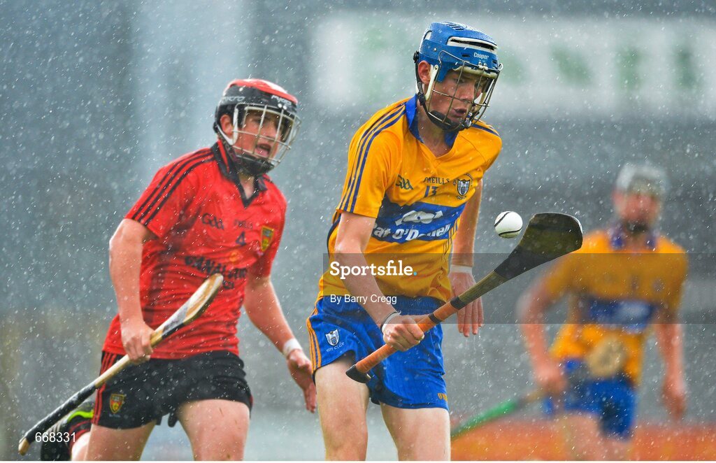 28 July 2012; Bobby Duggan, Clare, in action against Caolan Taggart, Down. Electric Ireland GAA Hurling Minor Championship Quarter-Final, Down v Clare, Cusack Park, Mullingar, Co. Westmeath. Picture credit: Barry Cregg / SPORTSFILE