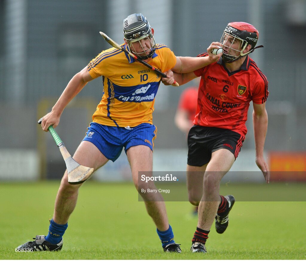 28 July 2012; Niall Deasy, Clare, in action against Gareth O'Neill, Down. Electric Ireland GAA Hurling Minor Championship Quarter-Final, Down v Clare, Cusack Park, Mullingar, Co. Westmeath. Picture credit: Barry Cregg / SPORTSFILE