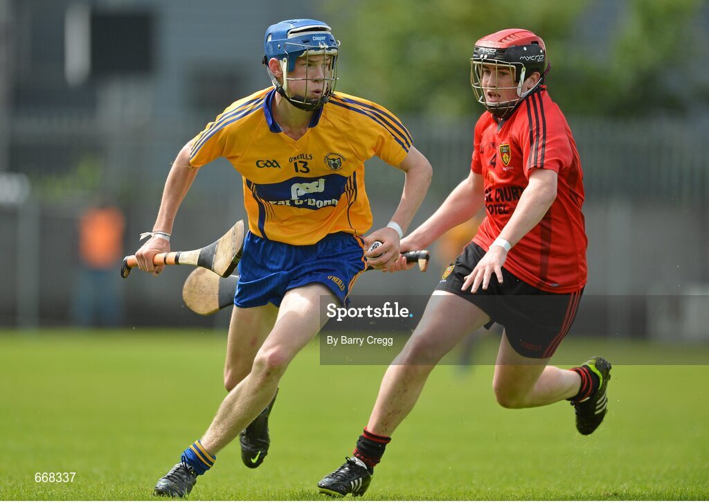 28 July 2012; Bobby Duggan, Clare, in action against Caolan Taggart, Down. Electric Ireland GAA Hurling Minor Championship Quarter-Final, Down v Clare, Cusack Park, Mullingar, Co. Westmeath. Picture credit: Barry Cregg / SPORTSFILE