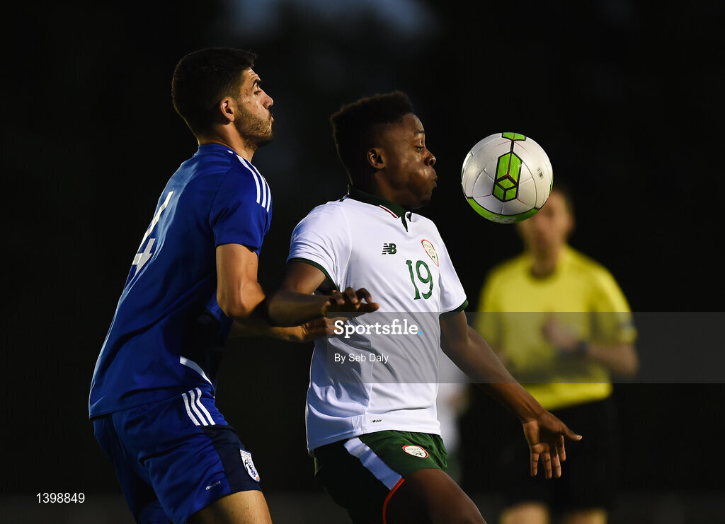 7 October 2017; Jonathan Afolabi of Republic of Ireland in action against Zacharias Adoni of Cyprus during the UEFA European U19 Championship Qualifier match between Republic of Ireland and Cyprus at the Regional Sports Centre in Waterford. Photo by Seb Daly/Sportsfile